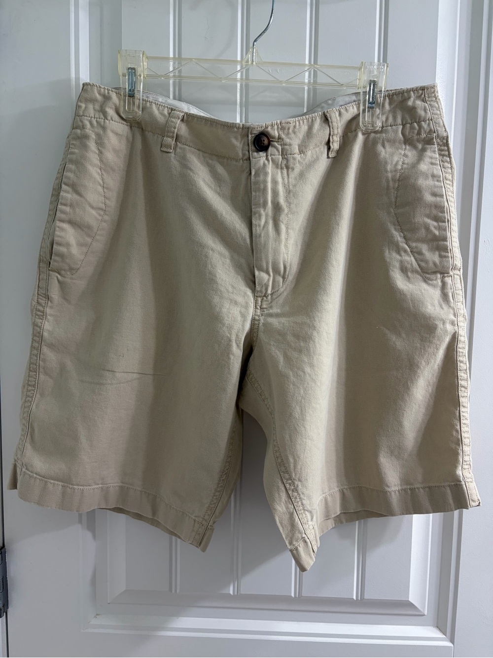 Vintage J. Crew Men's Light Khaki Flat Front Linen Cotton Blend Shorts 33